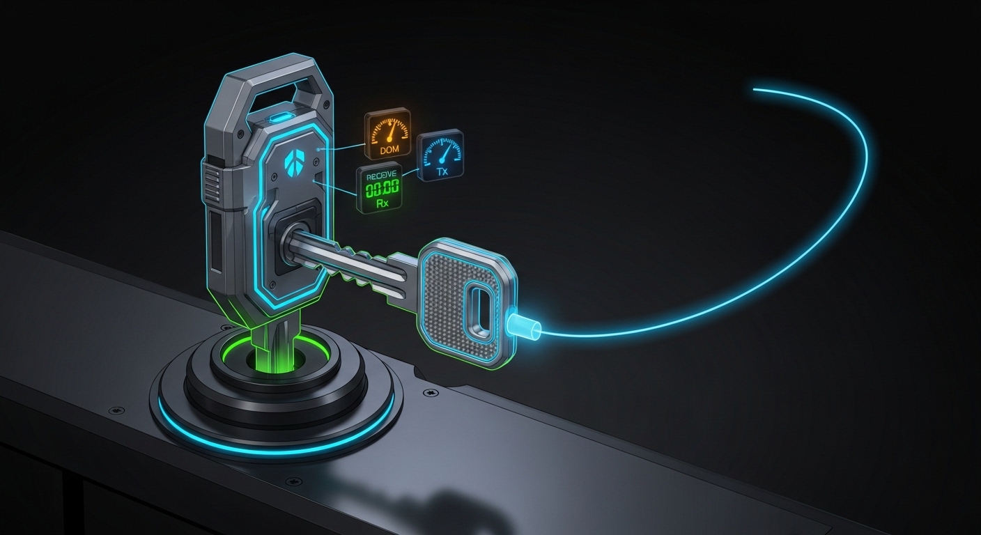 Concept art illustration showing a stylized transceiver module as a small “key” fitting into a Tomahawk switch “lock,” with D