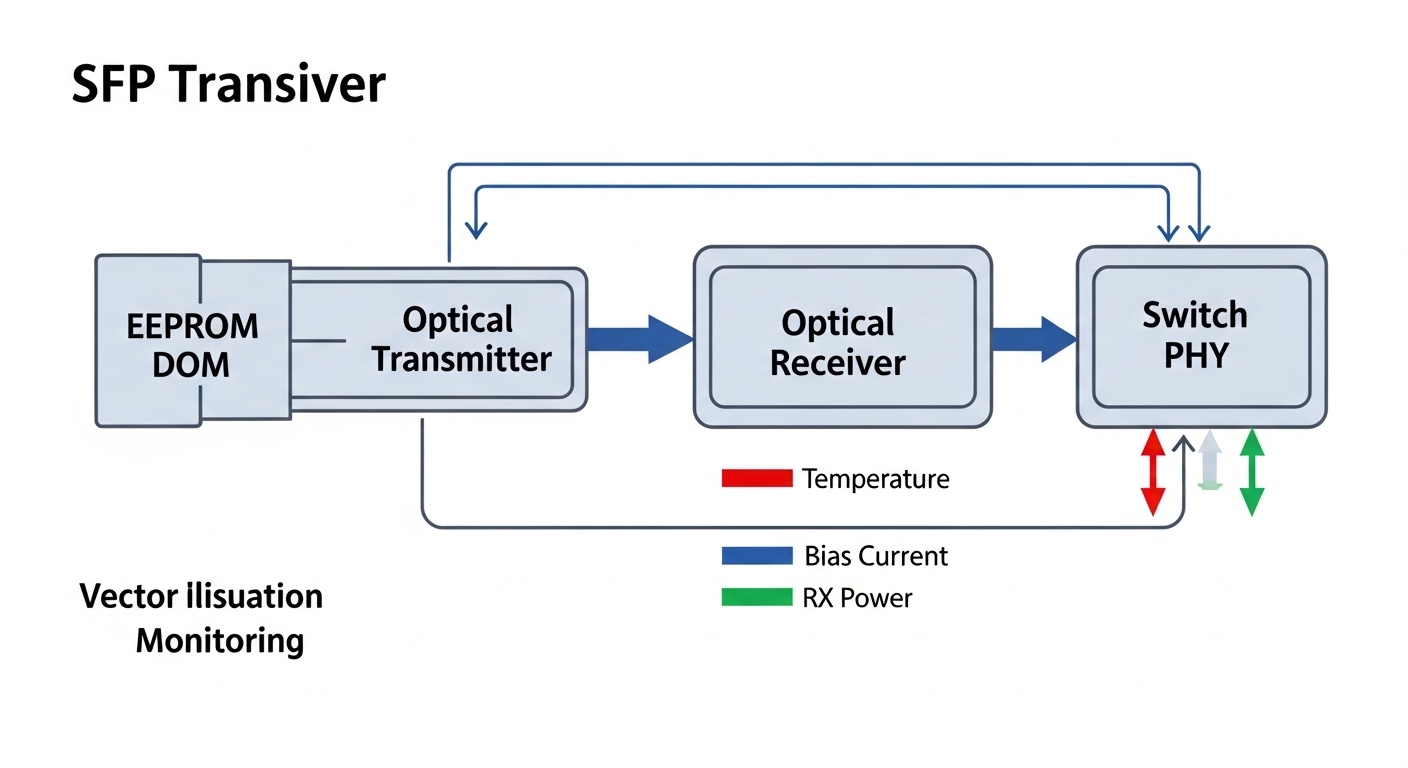 Clean vector illustration concept art of an SFP transceiver data flow diagram, with labeled blocks for EEPROM DOM, optical tr