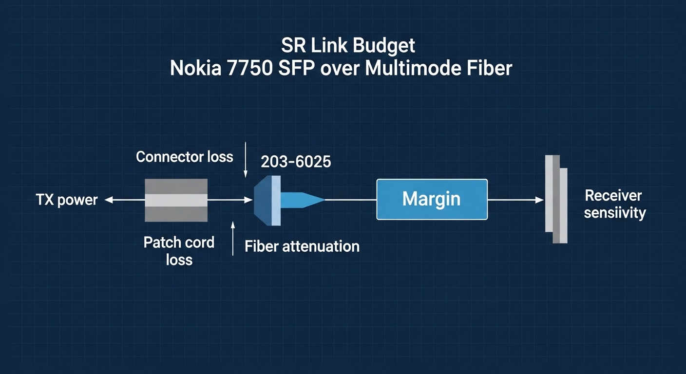Technical illustration showing a simplified SR link budget diagram for Nokia 7750 SFP over multimode fiber, with TX power, co