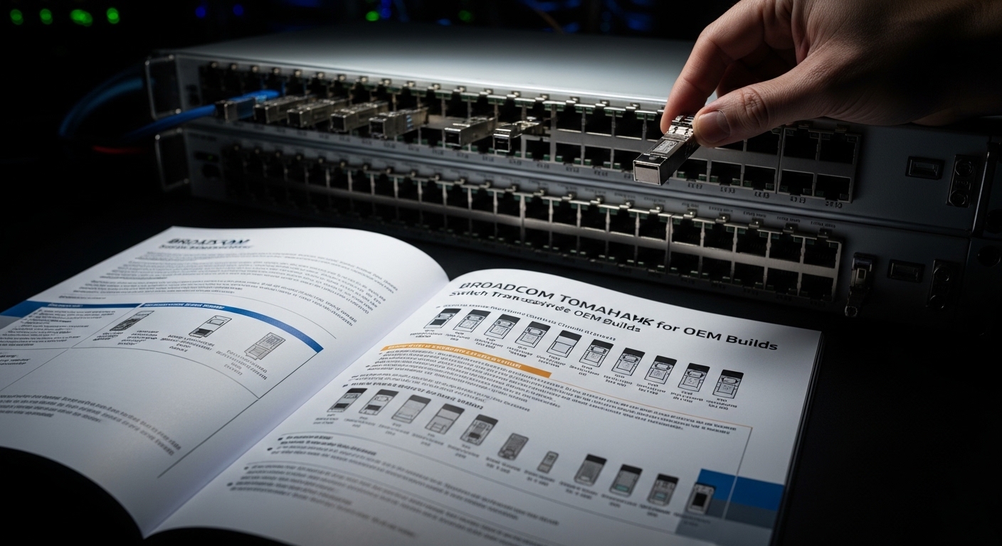 Cinematic editorial photograph of white-box switch SFP, Broadcom Tomahawk Switch Transceiver Guide for OEM Builds, dramatic l