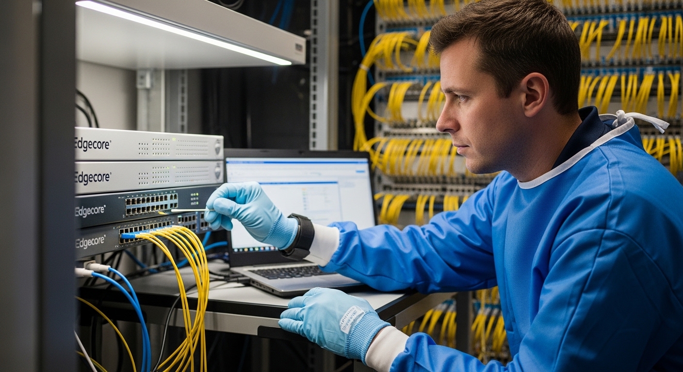 Realistic lifestyle scene of a field technician in a server room wearing ESD gear, holding an optical cleaning swab and check