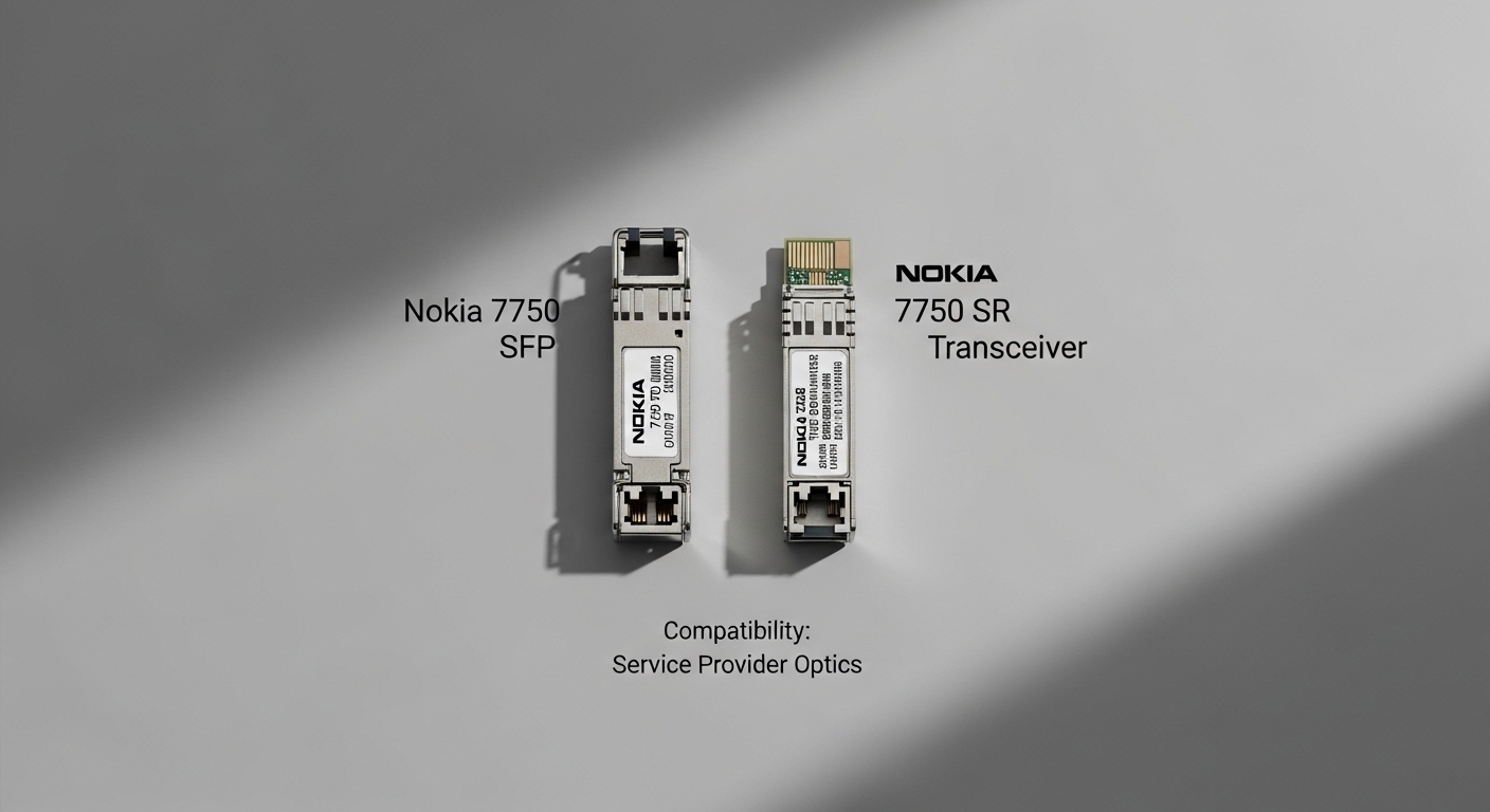 Overhead flat-lay composition of Nokia 7750 SFP, Nokia 7750 SR Transceiver Compatibility: Service Provider Optics, styled lay