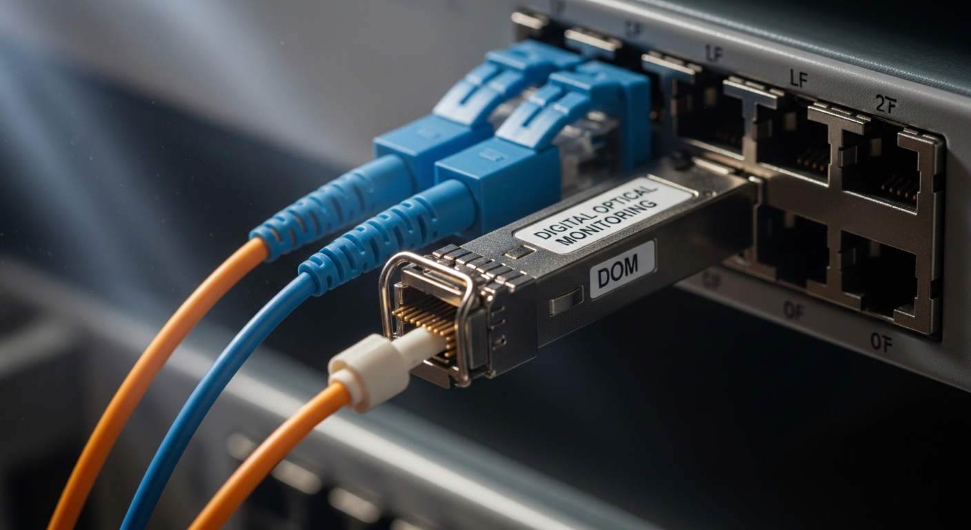 Close-up high-resolution photo of an SFP module being inserted into a microwave backhaul chassis port, showing gold contacts,