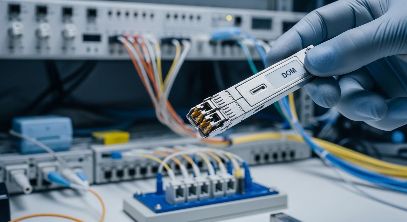 A realistic product photography scene of a coherent CFP2 transceiver module held by gloved hands over a telecom test bench, s