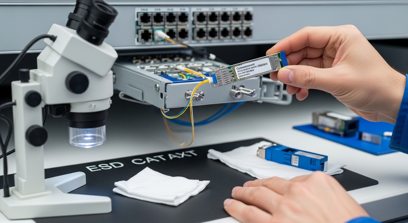 A macro photography scene of a technician holding a coherent optical SFP module above an open switch cage, with a fiber inspe