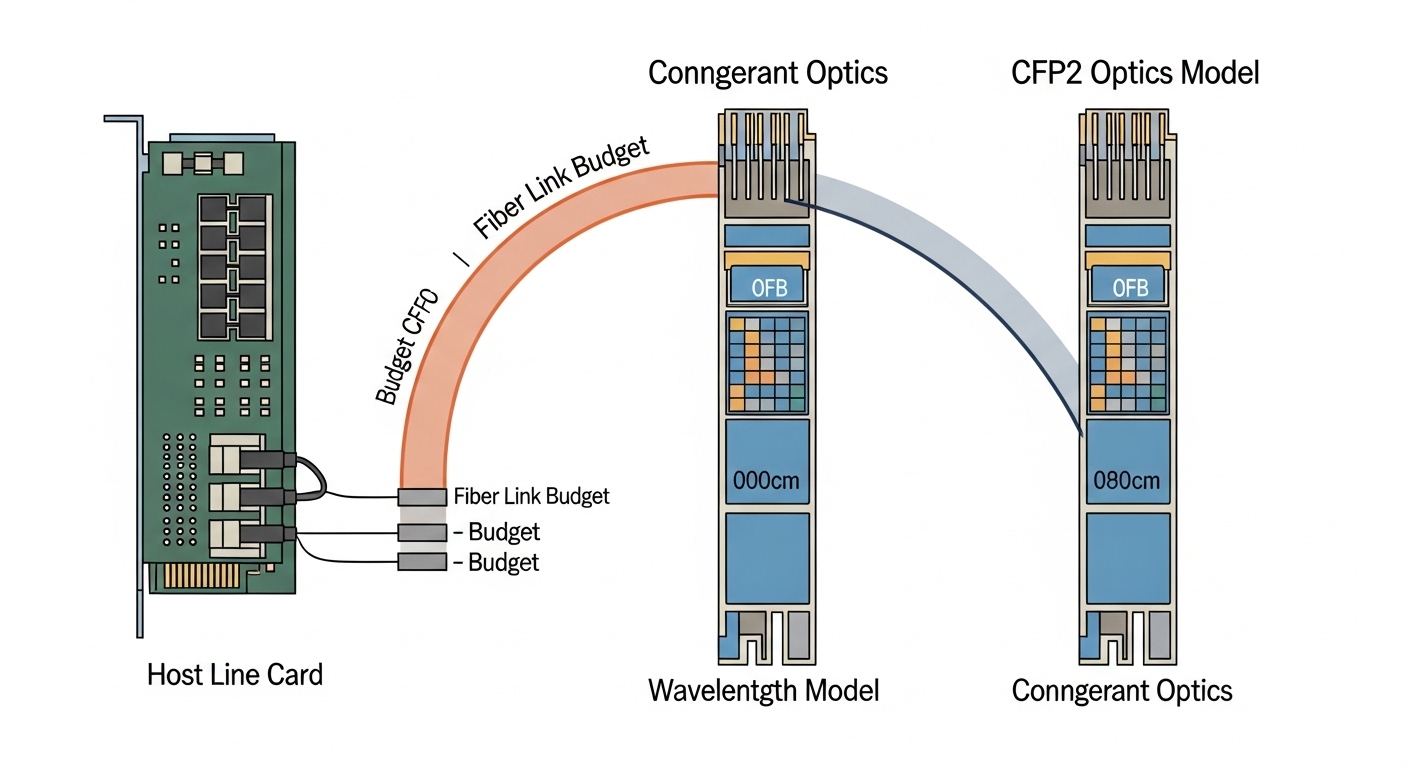 Clean-room style illustration showing a side-by-side comparison of coherent CFP2 optics models with labeled wavelength grid m