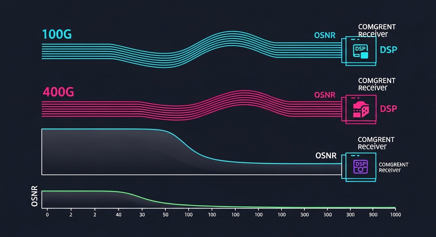 Clean vector illustration showing three fiber links labeled 100G, 200G, and 400G with OSNR curves rising and falling across d