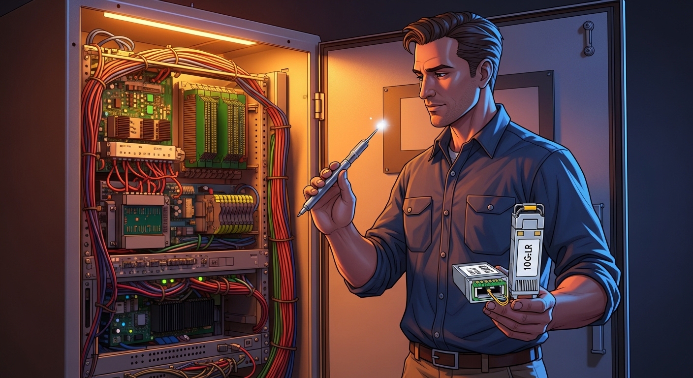 Concept art style scene of a network engineer holding a small fiber connector cleaning tool and a labeled SFP module, standin