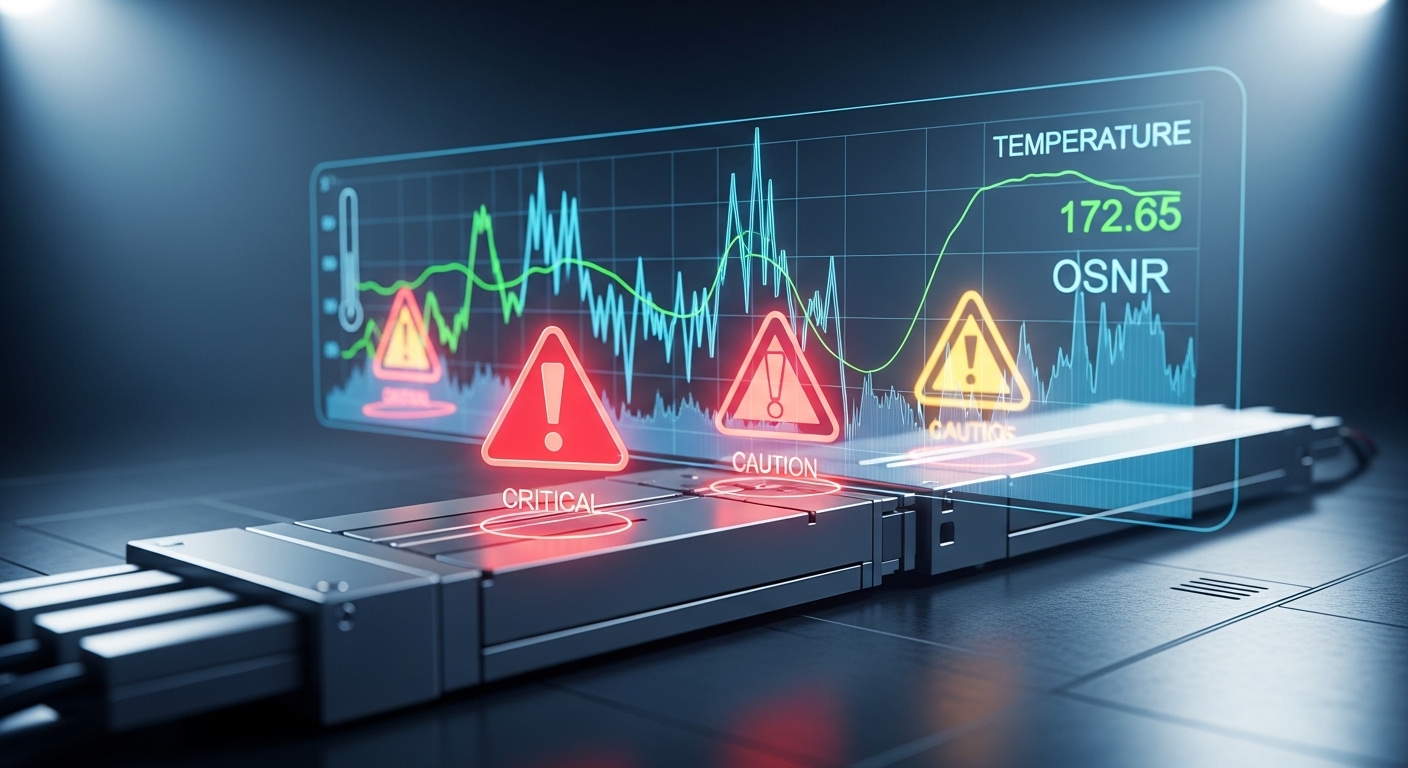 Concept art illustration of a troubleshooting dashboard with red and amber alarm icons hovering over a coherent transceiver b