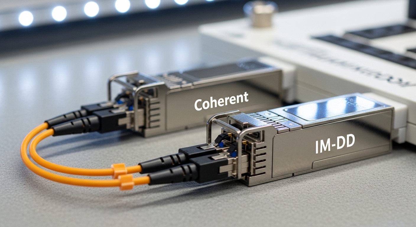 Macro photography of two optical transceivers side-by-side on a lab bench, one labeled conceptually as coherent and the other