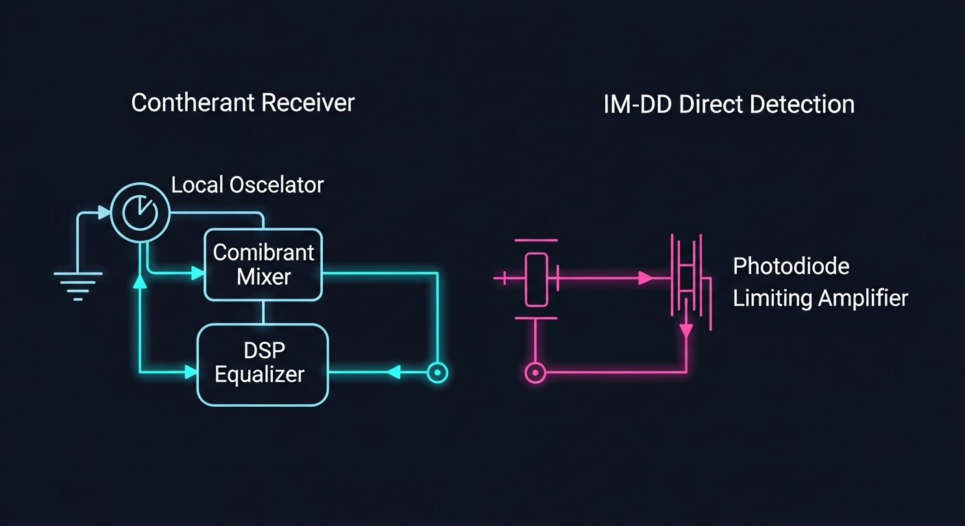 Clean technical illustration comparing two signal paths: left side shows coherent receiver block diagram with local oscillato