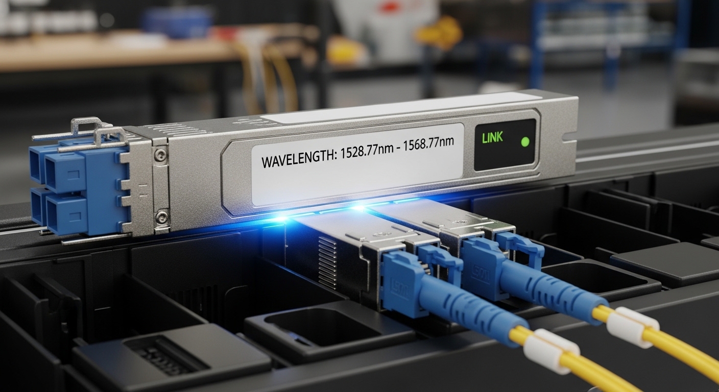 Close-up macro photography of a coherent DWDM transceiver plugged into a 1U/2U network chassis slot, showing LC optical conne