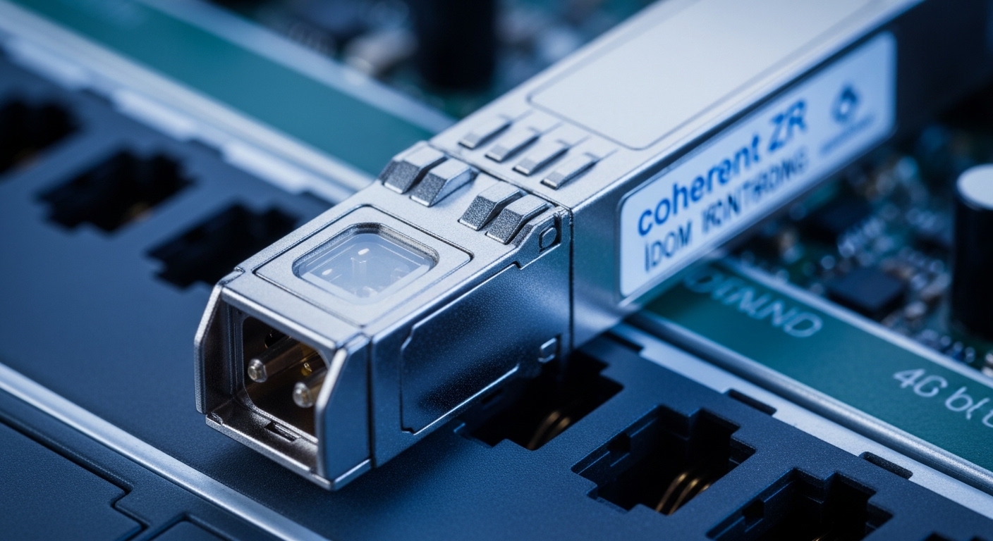 Macro photography of a fiber-optic transceiver module labeled “coherent ZR” inserted into a 400G-capable switch line card, cl