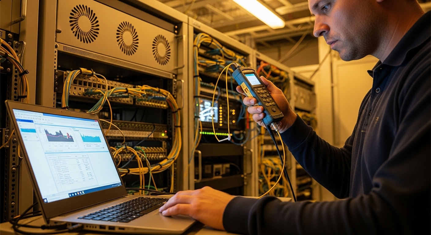 Real-world lifestyle photo of a network operations engineer in a telecom equipment room using a handheld optical power meter 