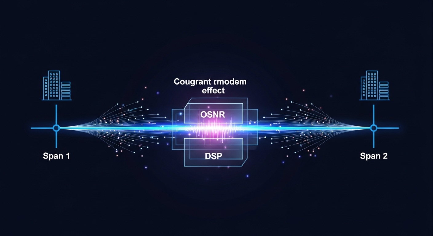 Conceptual illustration of two data center sites connected by a fiber route with labeled spans, showing a coherent transceive