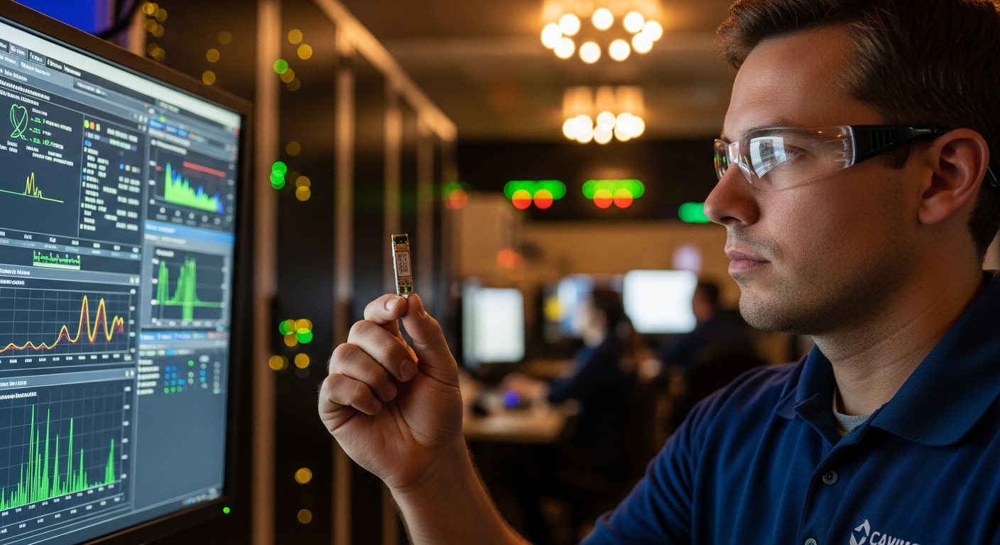 Photorealistic lifestyle scene in a network operations center, engineer in safety glasses holding a coherent ZR SFP module wh