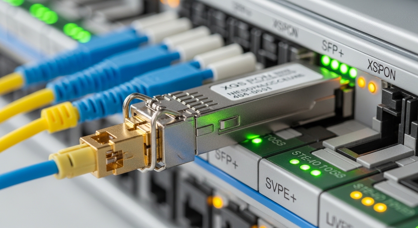 Close-up macro photography of an XGS-PON SFP+ transceiver inserted into a live OLT SFP+ cage inside a telecom rack, visible f