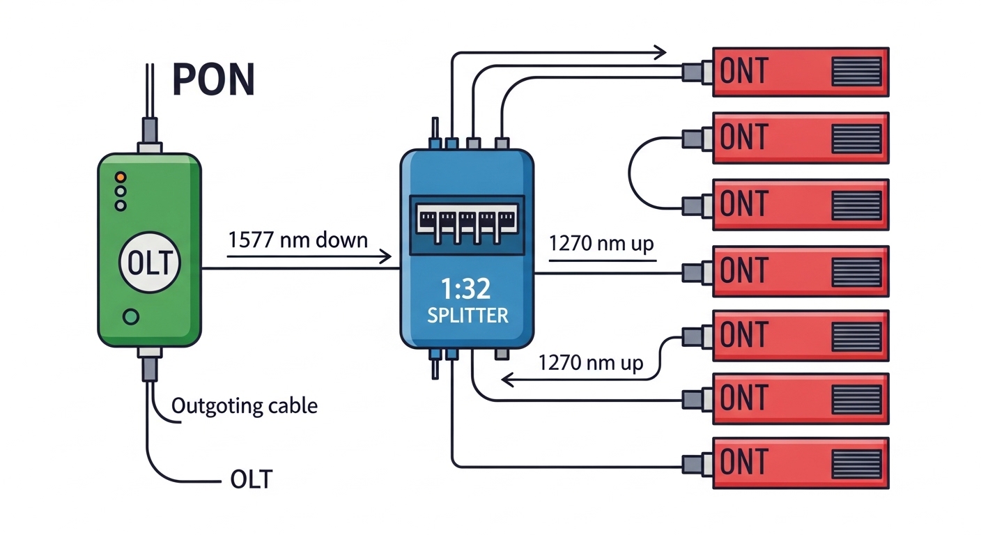 Clean vector illustration showing a PON tree with an OLT at left, a 1:32 splitter in the center, and multiple ONTs at right, 