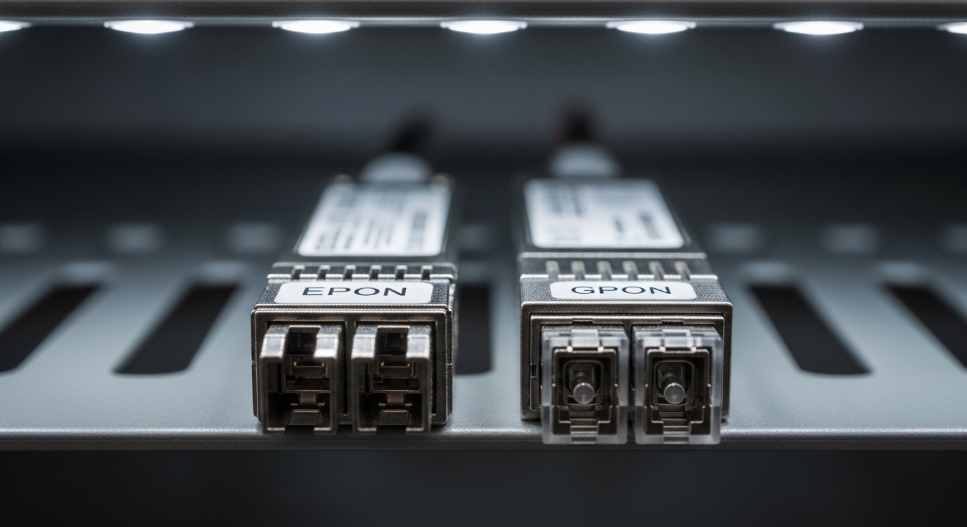 Macro photography of two pluggable fiber transceivers on an open network rack shelf, one labeled EPON-style and one GPON-styl