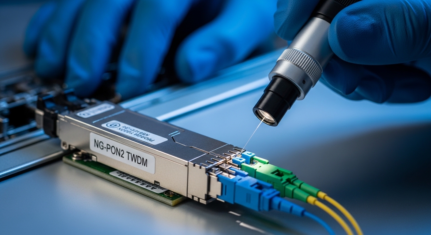 Photorealistic macro photograph of an NG-PON2 TWDM transceiver module seated in an OLT line card port, LC fiber connectors vi