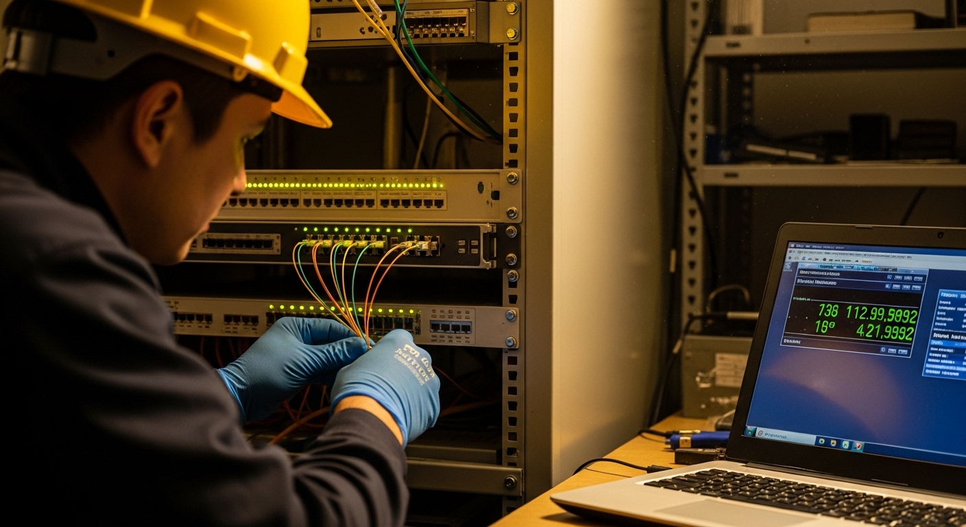 Photojournalism style lifestyle scene of a field technician wearing safety gloves and a hard hat installing an LC fiber patch