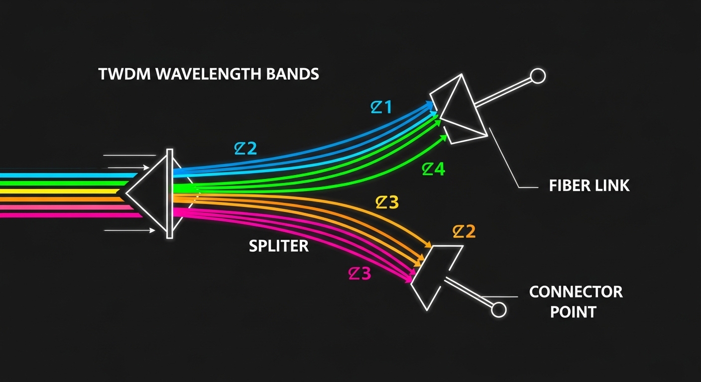 Conceptual illustration showing TWDM wavelength bands as colored horizontal lines over a fiber link diagram, with splitters a