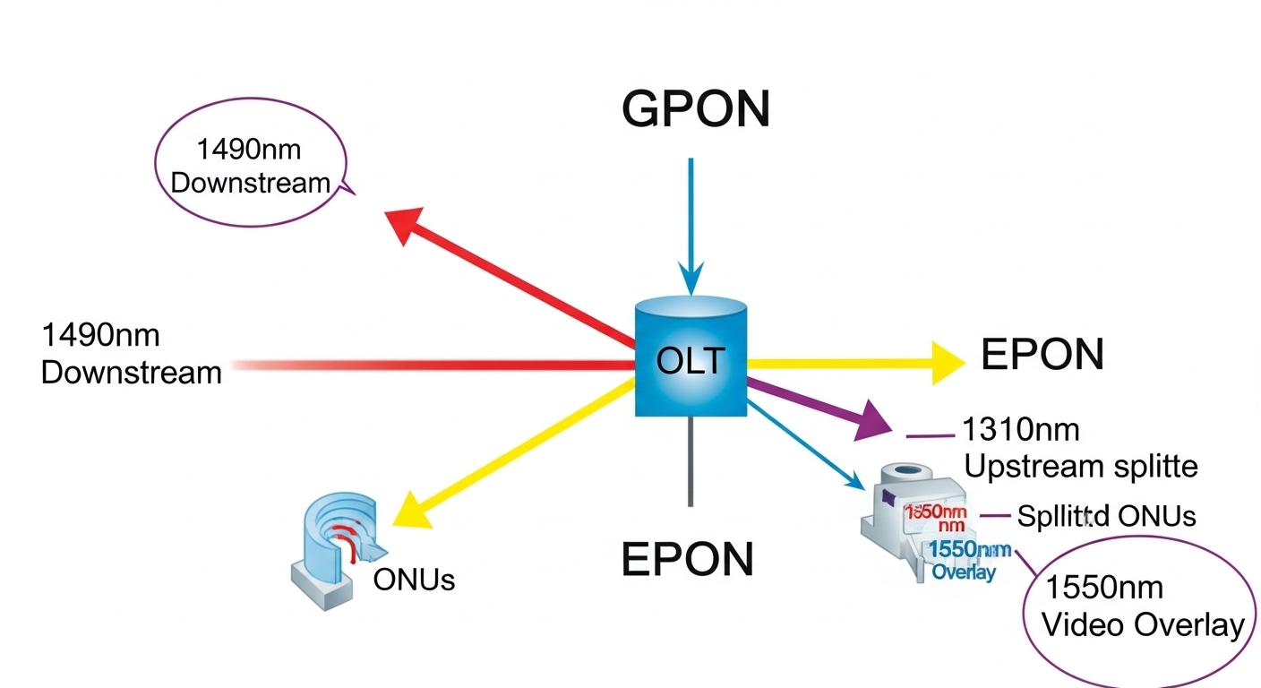 Clean engineering illustration comparing EPON and GPON signal paths in a PON tree, showing wavelengths and power budgets with