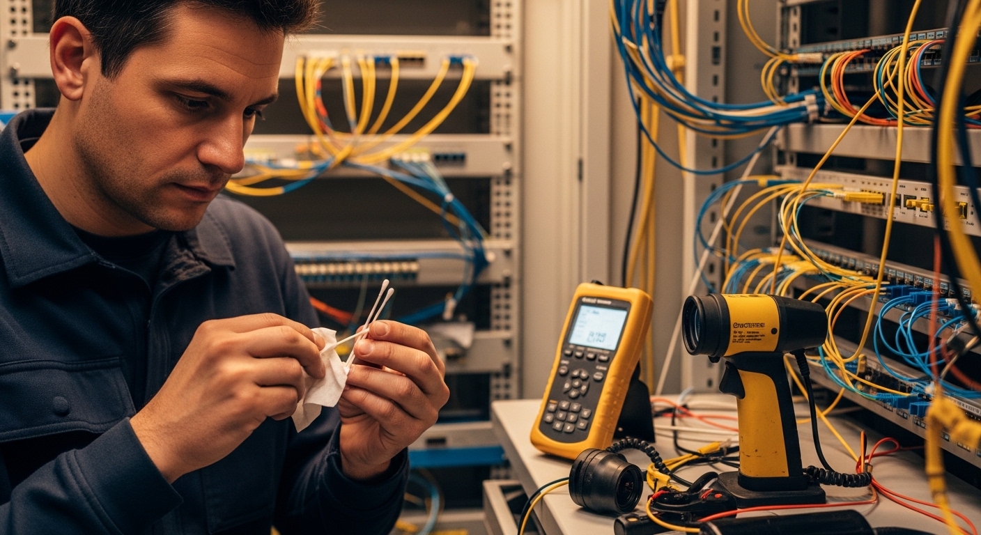 Lifestyle field scene of a technician in a fiber splice and patch closet performing cleaning with an alcohol wipe and lint-fr