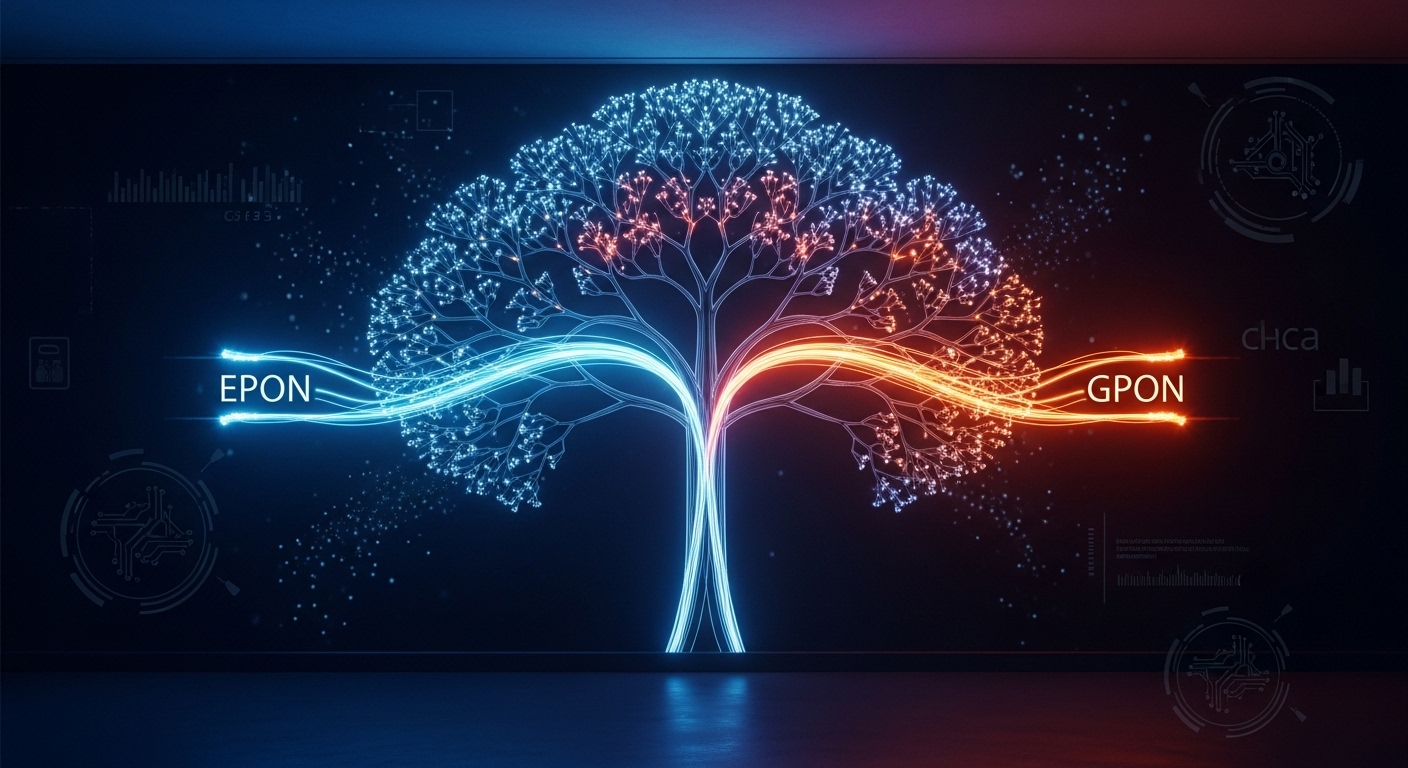 Concept art scene of a “PON tree” rendered as a glowing fiber network mural on a dark wall, with EPON and GPON represented by