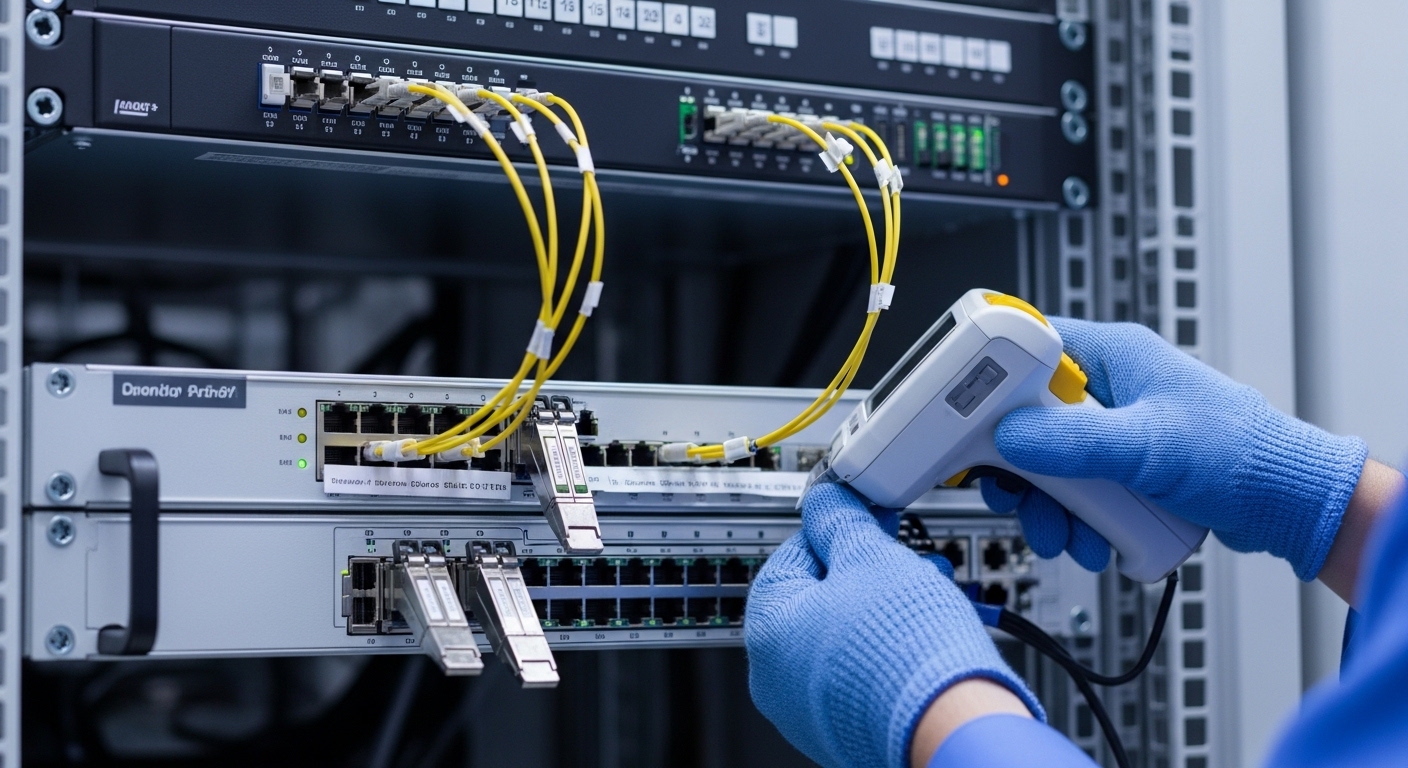 A realistic photography scene inside a modern data center row, showing two matched network switches with SFP cages populated 
