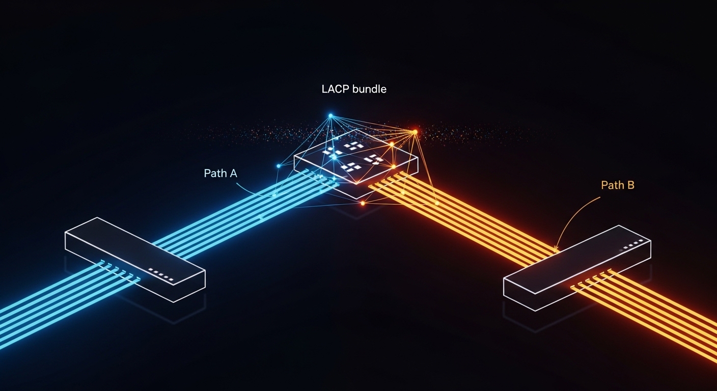 Concept art illustration of a dual-path network topology, showing two parallel fiber routes from two switches into an LACP ag