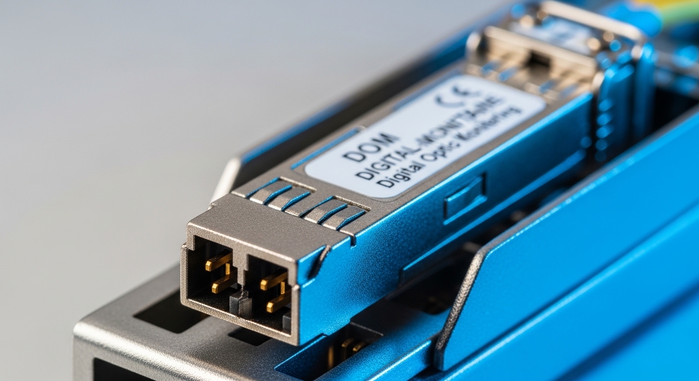 Close-up macro photography of an SFP transceiver module seated in a fiber switch cage, showing the gold connector pins and a 