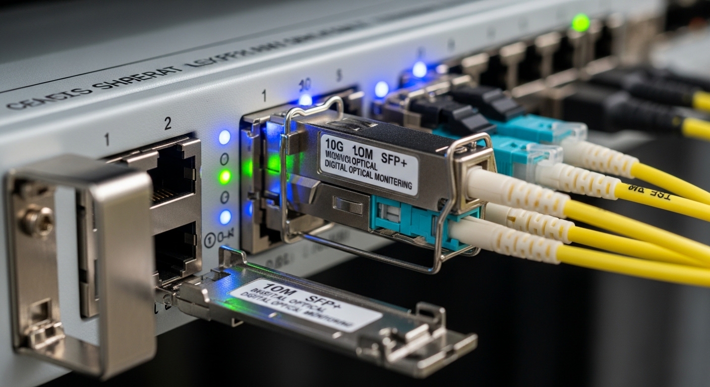 Close-up photography of a telecom rack with an opened SFP cage on a carrier Ethernet router, showing an inserted 10G SFP+ mod