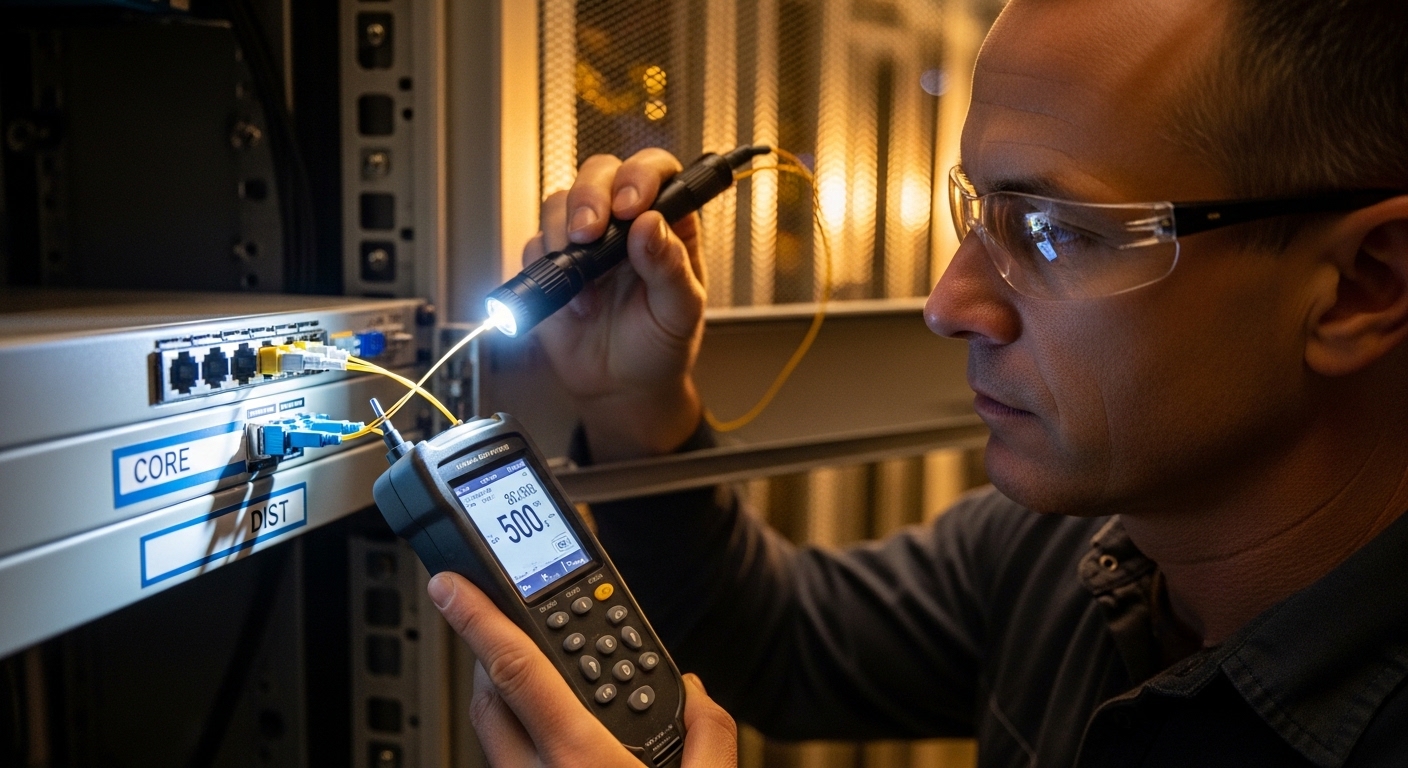 Lifestyle-style photo of a field engineer using a fiber inspection flashlight and a handheld optical power meter near an open