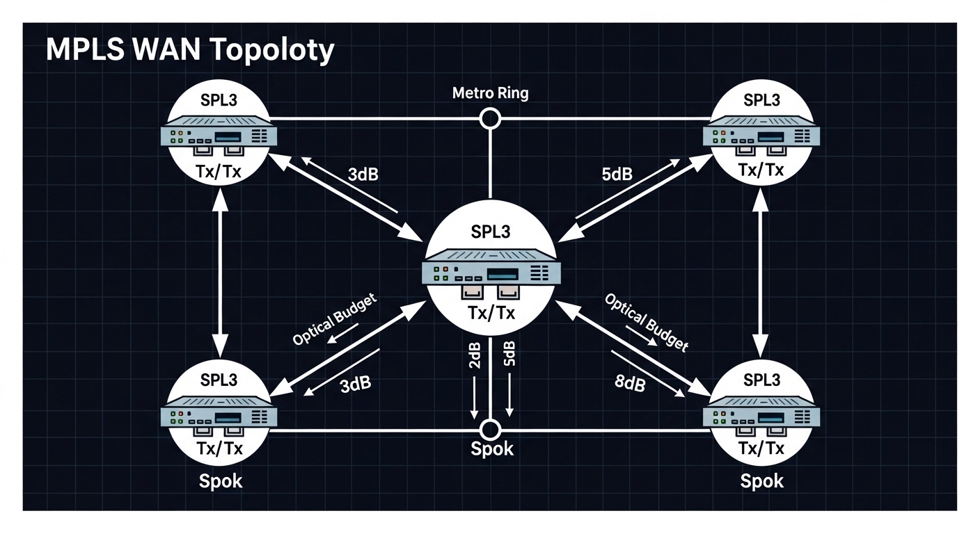 Vector illustration concept art showing an MPLS WAN topology diagram with a metro ring, labeled optical budget dB values, and