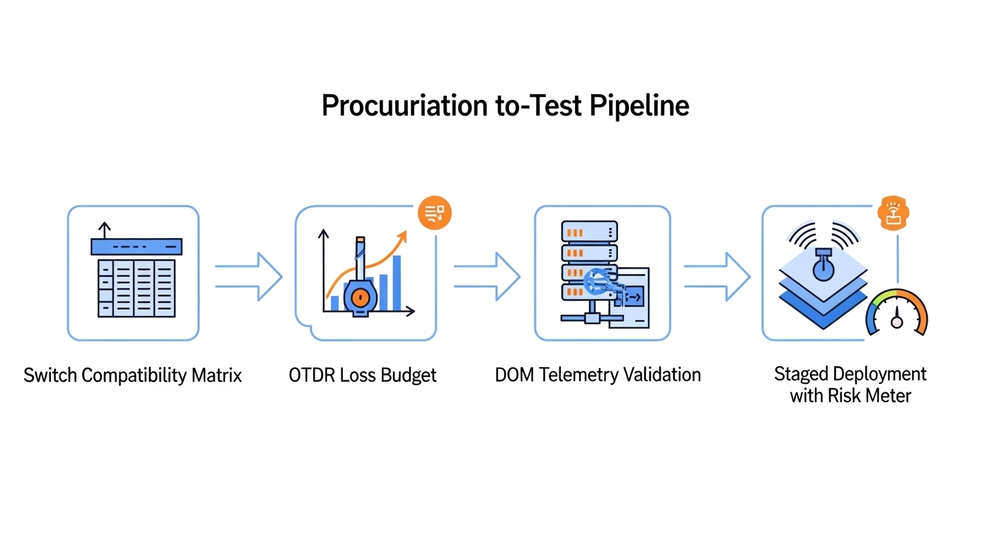 Illustrated workflow diagram in a clean technical style showing a procurement-to-test pipeline: switch compatibility matrix, 