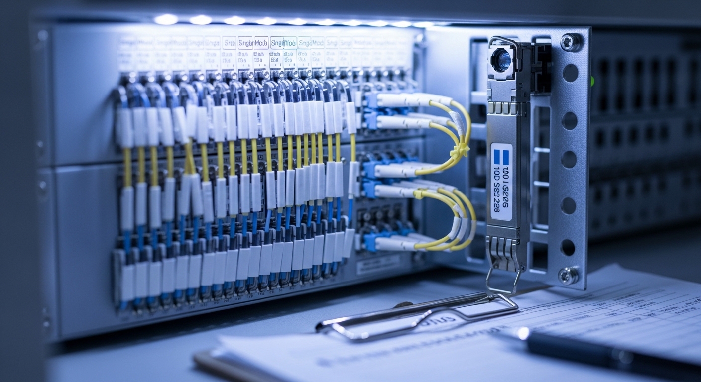 High-resolution photography of a data center patch panel at aisle height, showing labeled singlemode fiber jumpers connected 