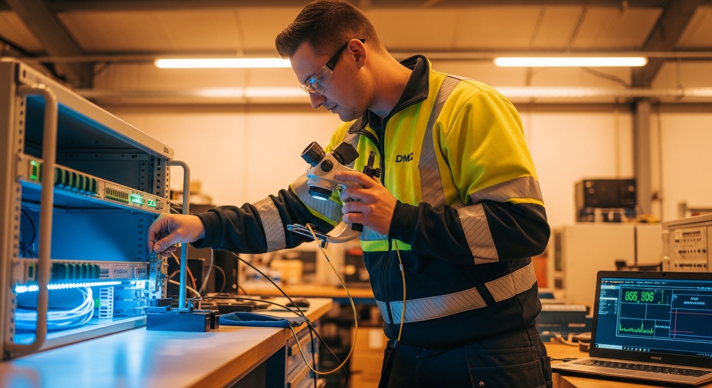 Lifestyle scene style showing a field engineer in high-visibility gear installing an SFP into a powered-on transport shelf, h