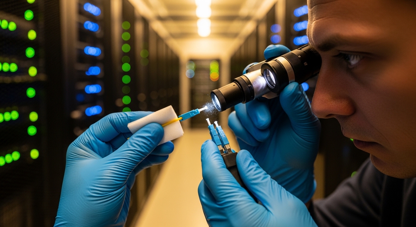 Photorealistic scene of a technician cleaning fiber connector end faces with a lint-free swab and optical inspection scope in