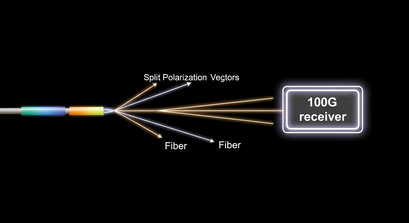 Conceptual illustration showing polarization vectors splitting through a fiber segment, with a simplified PMD “differential g