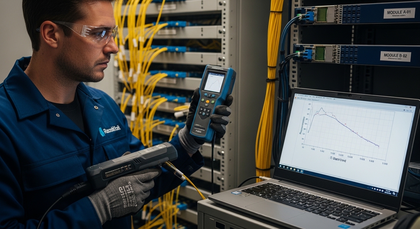 Photorealistic scene of a fiber-optic field technician in a telecom hut, holding a handheld OTDR and a laptop showing a Raman