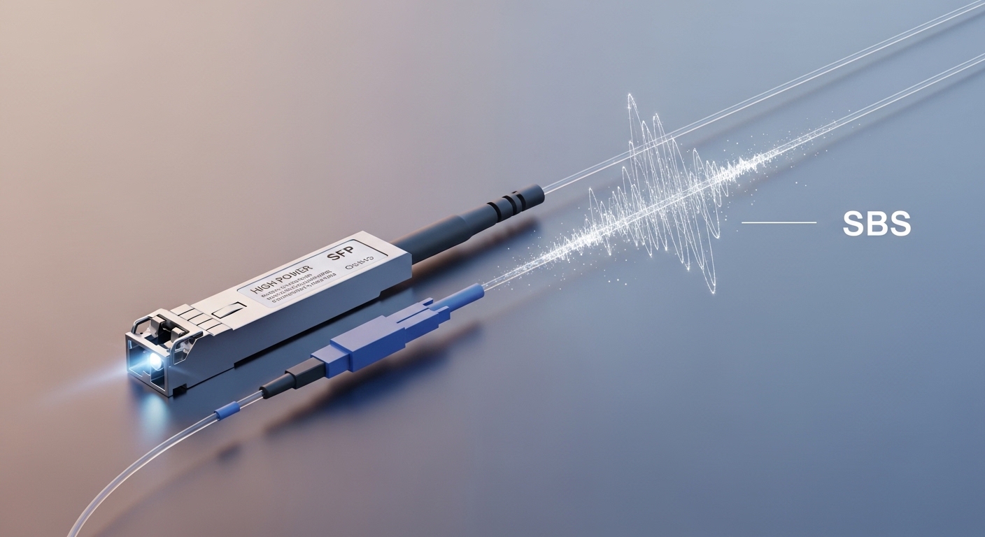 Minimalist design showcasing high power SFP, Stimulated Brillouin Scattering (SBS) in Fiber Optic Links, clean composition, v