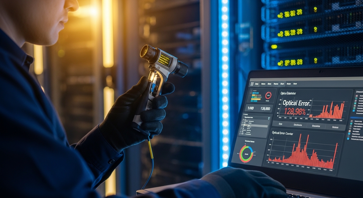 Lifestyle scene of a field engineer in a server room wearing ESD-safe gloves, holding a fiber inspection scope and looking at