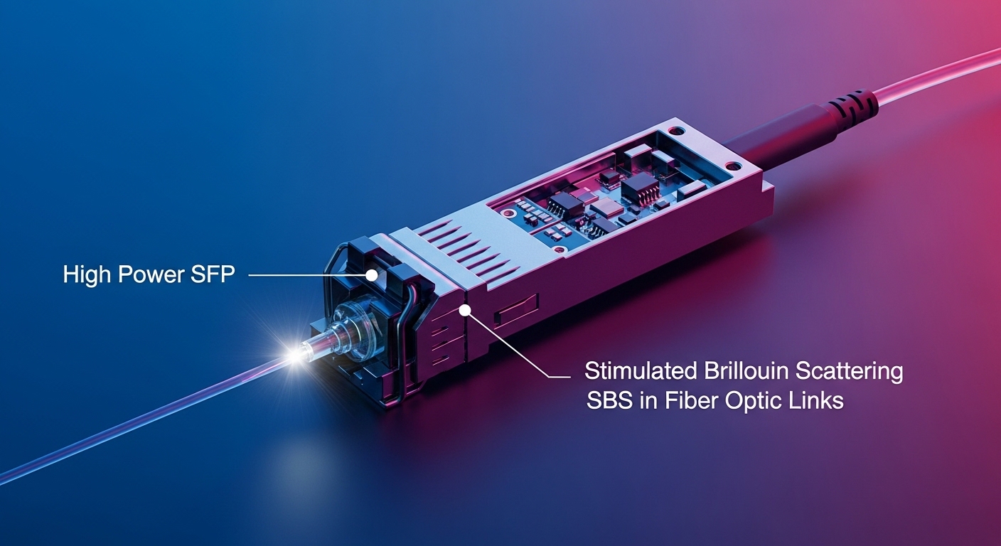 Minimalist design showcasing high power SFP, Stimulated Brillouin Scattering (SBS) in Fiber Optic Links, clean composition, v