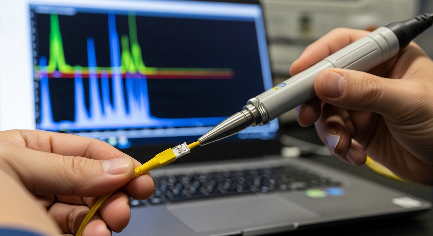 A macro photography scene of a field engineer holding an optical spectrum analyzer probe connected to a fiber patch cable, wi