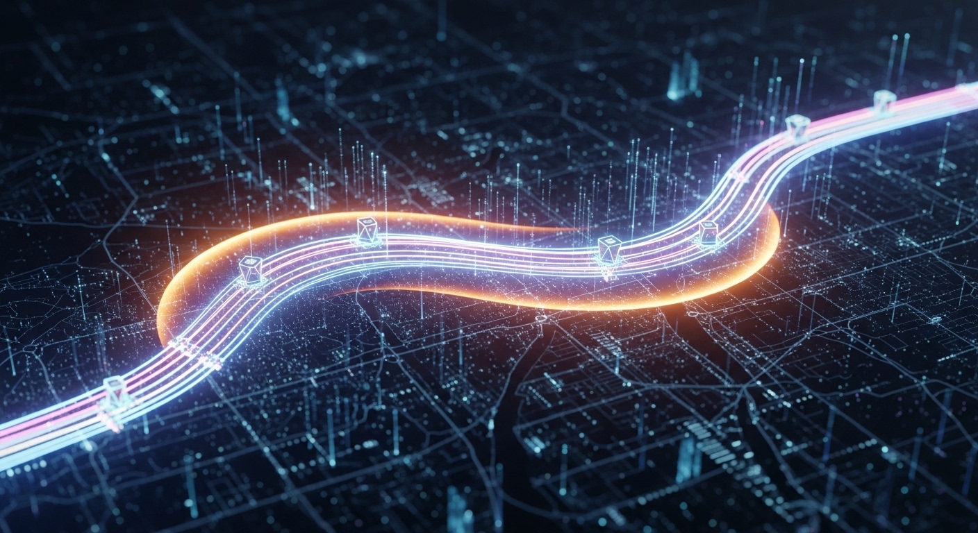 Concept art of a long fiber route like a glowing ribbon across a city map, with small “transceiver nodes” at endpoints and a 