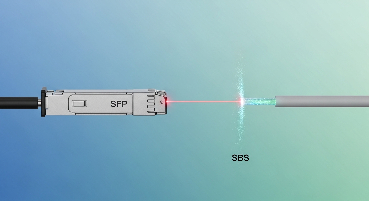 Minimalist design showcasing high power SFP, Stimulated Brillouin Scattering (SBS) in Fiber Optic Links, clean composition, v