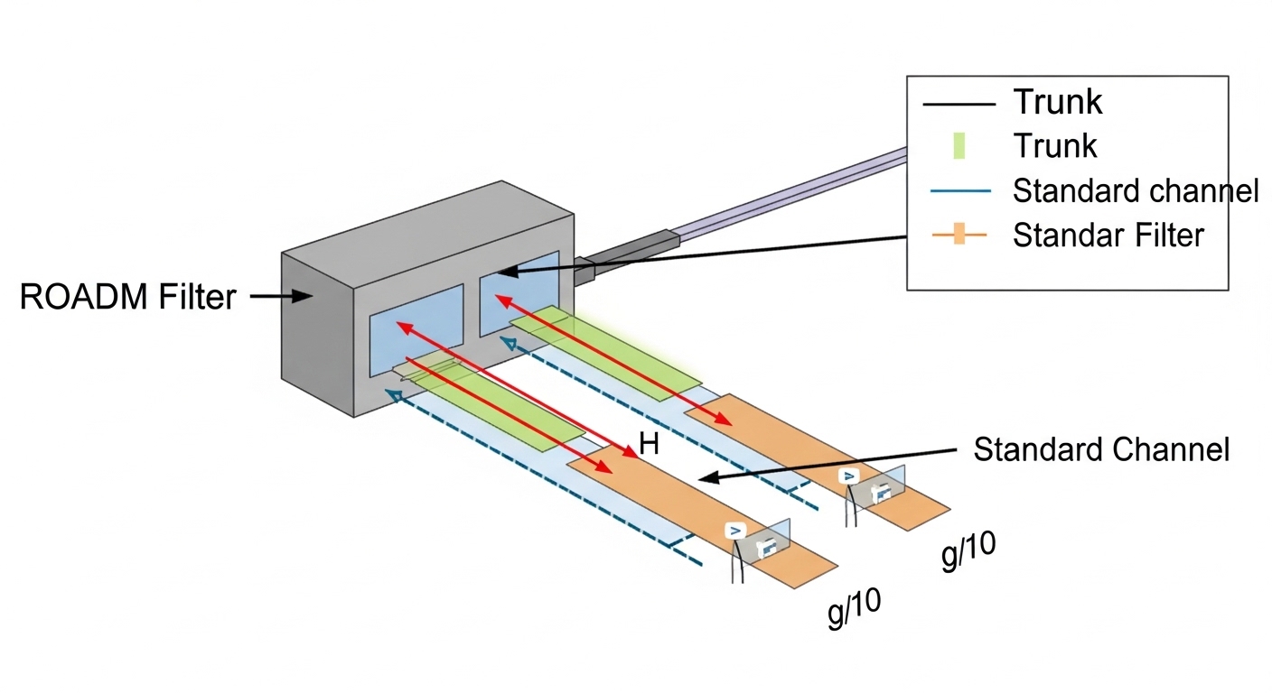 Concept illustration, top-down diagram style, showing a fiber optic trunk with multiple DWDM channels as colored bands; an in