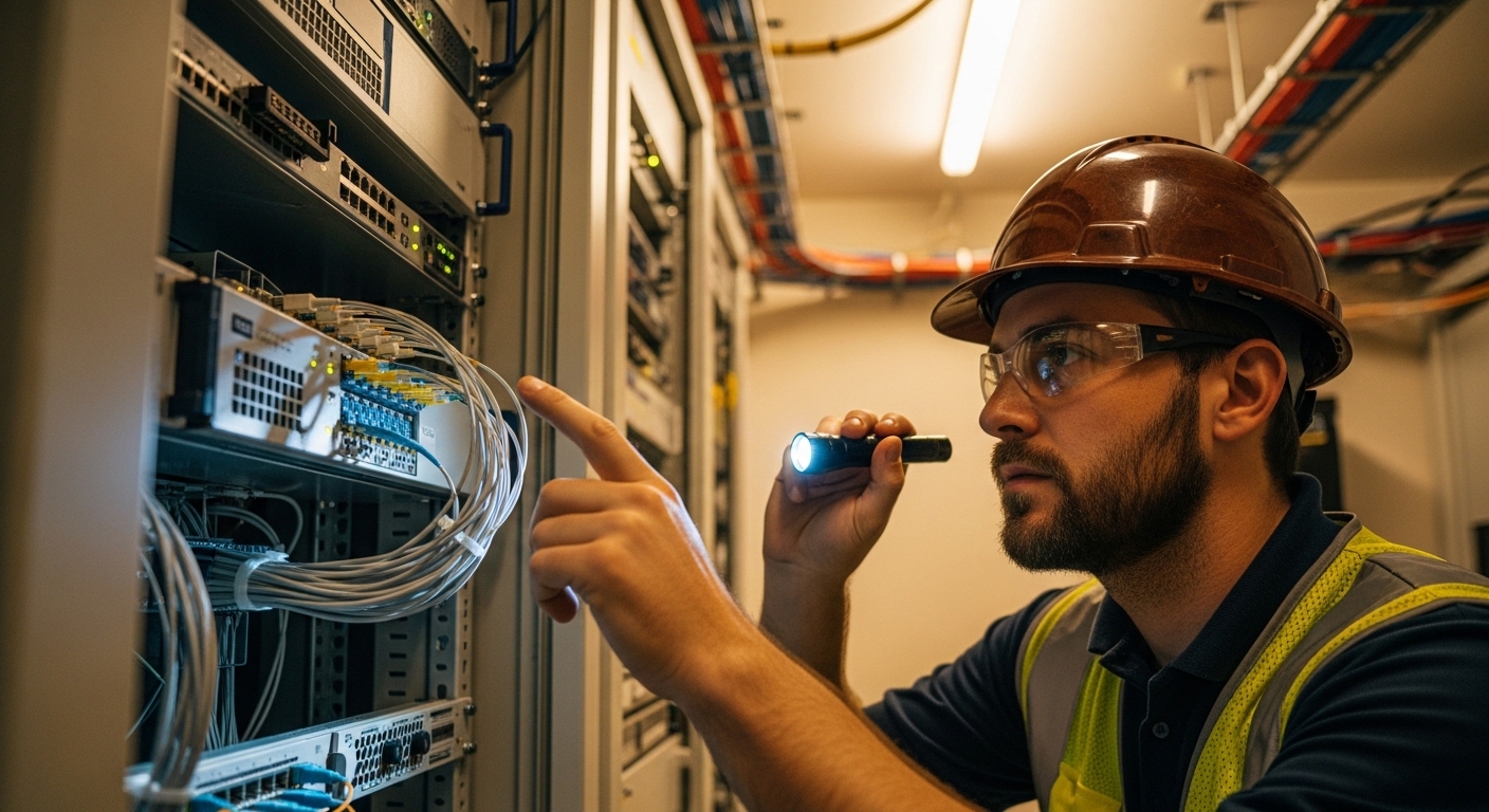 Lifestyle-style documentary photo of a telecom field technician in a fiber network equipment room, wearing PPE, inspecting an