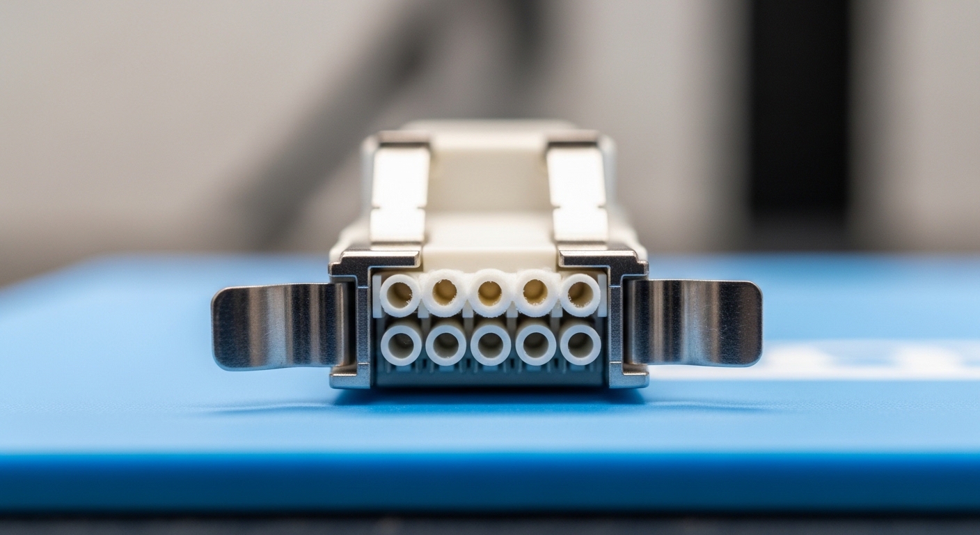 A photorealistic close-up macro photograph of an MPO MTP connector ferrule face with 12 fiber ends visible, clean and inspect
